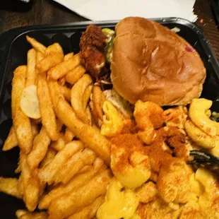 Mac'n'Cheese Burger with a side of fries! It's the heart attack meal! But so worth it