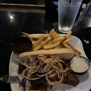 Prime rib sandwich and fries