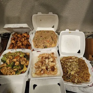 Orange Chicken, Broccoli Chicken, Walnut Shrimp, House Fried Rice, and Chow Mein
