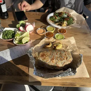 Burrito, 3 tacos Asada, cecina, chorizo.