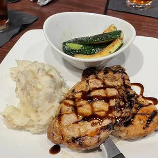 Honey basalmic pork loin, mashed potatoes and zucchini