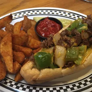 Cheesy Philly and oven HOT fries!