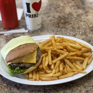 Tasty ass cheeseburger and some bad ass fries.