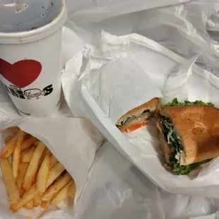 Steak sandwich. Fries. Soda