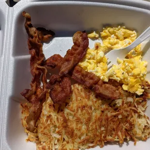 Bacon, eggs and hash browns, takeout.