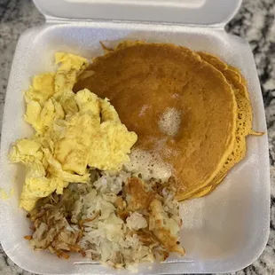 pancakes, hash browns, and eggs