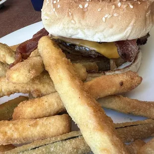 Western bacon cheeseburger and zucchini fries