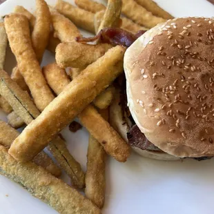Western bacon cheeseburger and zucchini fries