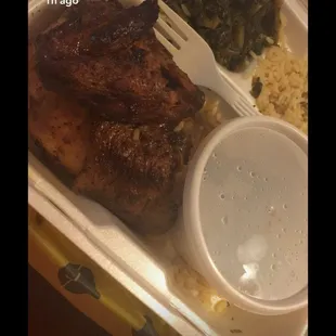 It was a half of chicken with cilantro lime rice, collard greens and a side of plantains the plantains were burnt