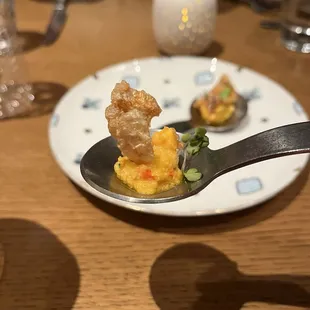 Pimento cheese and pork rind amuse bouche