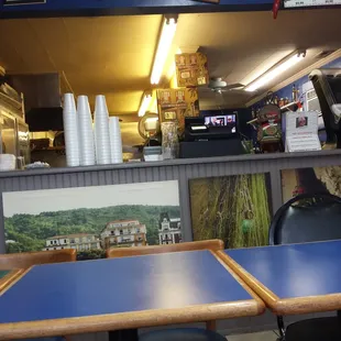 blue tables and chairs in a restaurant