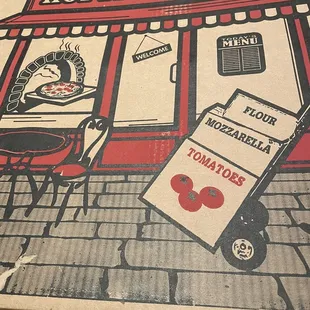 a pizza box with a pizza on it