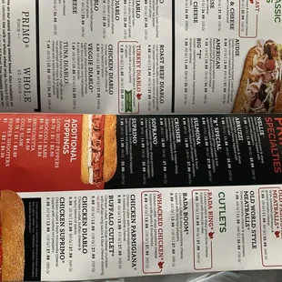 a menu for a sandwich