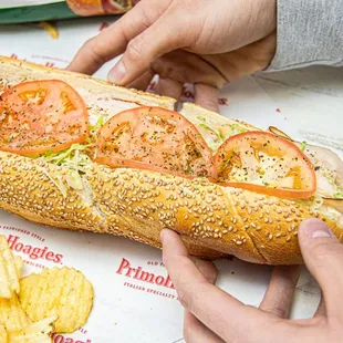 a person holding a sub sandwich