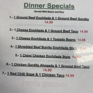 Dinner special menu