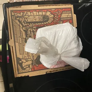 46. White Pizza and 34. Six Pieces Wings to go