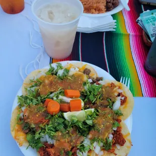 Queso tacos, 3 al pastor &amp; 3 asada and a homemade horchata!