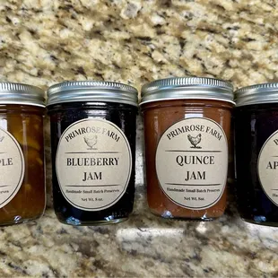 Jams: caramel apple, blueberry, quince, apricot-plum