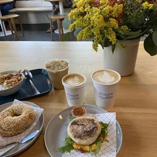 Chia Pudding, Bagel and Cream Cheese, sweetheart breakfast sandwich and some latte
