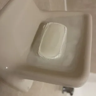 The old bar of soap left by a previous guest in the shower