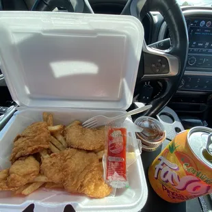 Three Chicken Tenders Combo Meal with fries and a Faygo orange and pineapple soda!