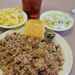 Chopped pork with 2 sides and a sweet tea.