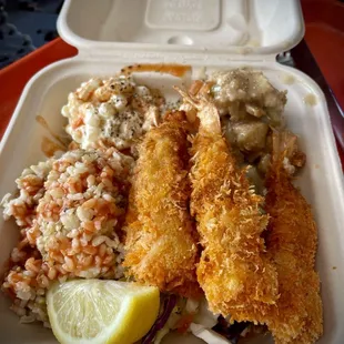 Panko crusted shrimp with side of rice, mac salad, and subbed for stuffing since it's thanksgiving!