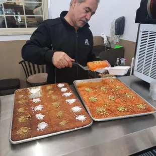 Amir at Prince Mediterannean packs the wildly popular Kafka dessert!