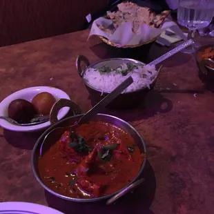 Chicken tikka masala and rice, naan, and dessert cheese honey balls. See how dark it is? Love it.