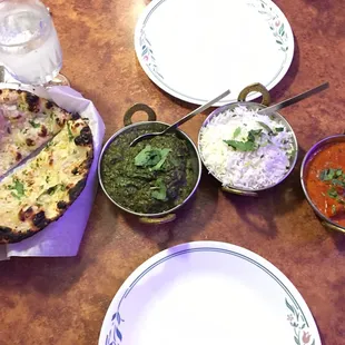 From left to right: prince naan, chicken saag, rice, chicken tikka masala. (Not shown: second order or the prince naan!!!)