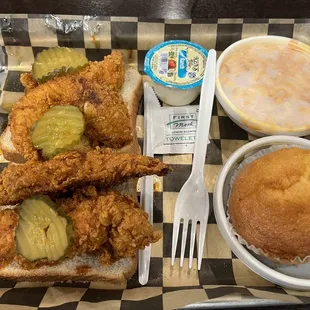 4 pc tenders with a side of greens, corn muffin &amp; Mac n cheese