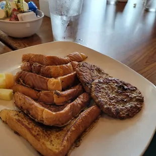 Cinnamon baked French Toast with sausage.