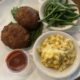 Crab cake with Mac and cheese and garlic green beans (cocktail sauce in plastic container)