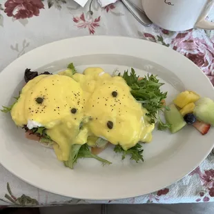 Poached eggs over smoked salmon and avocado on an English muffin!!