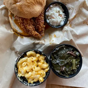 Hot chicken sandwich, greens and mac&amp;cheese