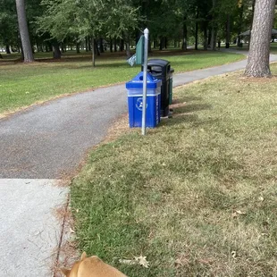 Front of the park near parking lot; poop bags, recycling, and trash cans
