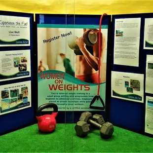 This is a display about the Women on Weights program.  This is in the hallway toward the lockers.  Photo taken June 30, 2018.