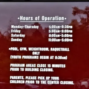 These are the hours of operation for the recreation center.  Photo taken September 16, 2018.