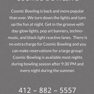 Their own website says they take reservations for cosmic bowling. The employee said they don&apos;t reserve at all. *facepalm*