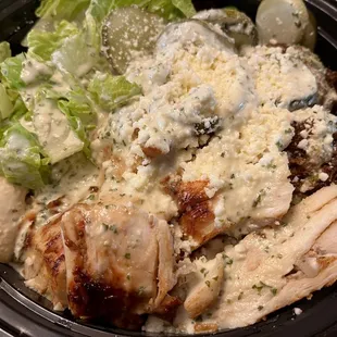 Large bowl with 1/2 chicken shawarma, 1/2 falafel