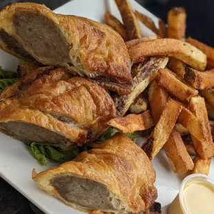 Sausage Rolls and fries with a nice hot mustard. Super filling and delicious!