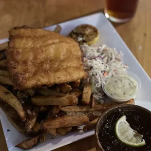 fish and chips with a side of coleslaw