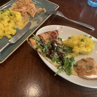 Salmon and saffron rice with some fig and prosciutto pizza