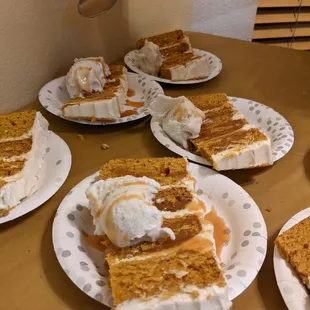 Chai pumpkin cake with maple brown butter frosting with vanilla bean ice cream and salted caramel sauce.