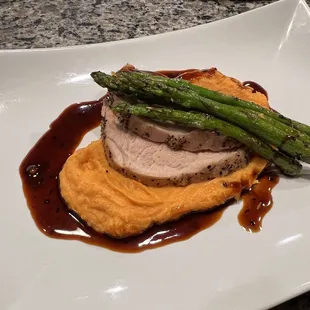 Pork Tenderloin, sweet potato puree, asparagus