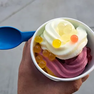 Original Tart, Pomegranate Raspberry, Dole Pineapple (underneath) frozen yogurt with strawberry, passion fruit, and lychee popping boba
