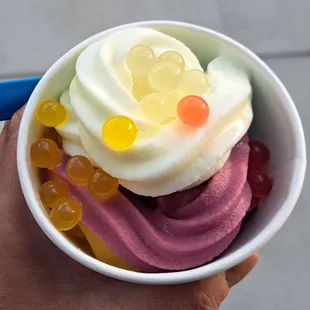 Original Tart, Pomegranate Raspberry, Dole Pineapple (underneath) frozen yogurt with strawberry, passion fruit, and lychee popping boba