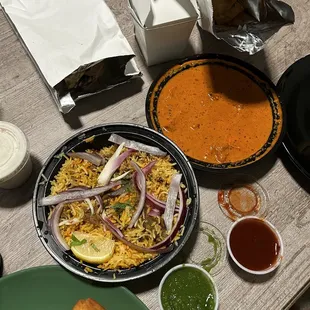 Chicken Tikka Masala, Lamb Biryani, Vegetable Samosa