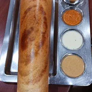 Ghee dosa and its accouterments.