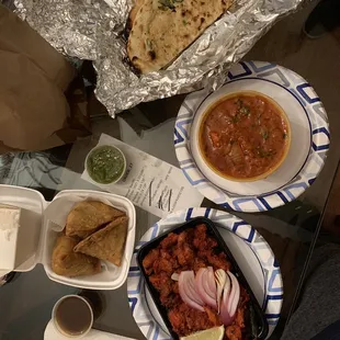 Chicken Jalfrezi Chicken 65 Garlic Naan with 3 Piece Samosa (green chutney is amazing )